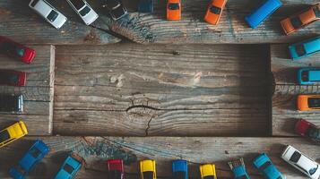 Miniature Colorful Toy Cars Framed on Rustic Wooden Surface with Natural Textures and Empty Center Space photo