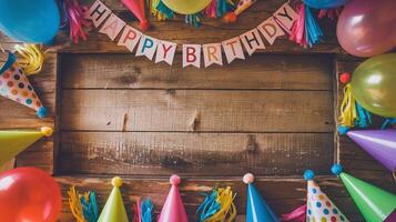 Festive Birthday Party Decorations on Rustic Wooden Background with Balloons and Party Hats photo
