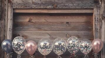 Rustic Wooden Background with Transparent Confetti Balloons and Pink Gray Decorations for Festive Event photo