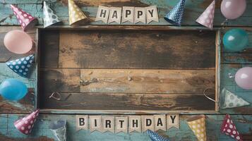 Happy Birthday Celebration Banner With Party Hats Balloons On Rustic Wooden Background photo