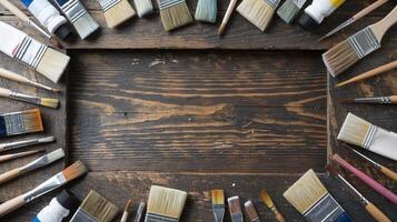 Top View of Paintbrushes Arranged in Frame on Rustic Wooden Table for Creative Art Concepts and Design photo