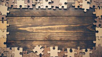 Wooden Puzzle Pieces Forming Border on Rustic Brown Wooden Background Symbolizing Problem Solving photo