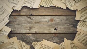 Vintage Torn Book Pages Framing Rustic Wooden Surface Background for Creative Design Ideas photo
