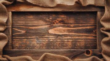 Rustic Wooden Background with Burlap Fabric Frame for Natural Vintage Design or Text Overlay photo