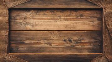 Rustic Wooden Plank Background with Burlap Fabric Frame in Brown and Natural Textures for Design Projects photo