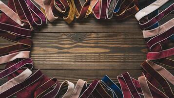 Velvet Ribbon Arrangement on Rustic Wooden Background with Empty Center for Copy Space photo