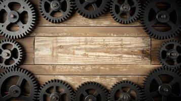 Black Gear Wheels on Rustic Wooden Background Representing Teamwork and Mechanical Concepts photo