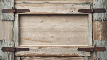 Closeup of Rustic Wooden Window Frame with Weathered Hinges and Faded Paint in Vintage Style Design photo