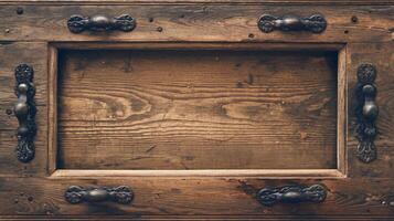 Rustic Wooden Drawer with Ornate Metal Handles and Natural Grain Texture on Brown Wood Surface photo