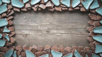 Rustic Wooden Background Surrounded by Blue and Brown Ceramic Mosaic Pieces Artistic Frame photo