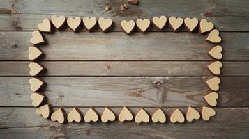 Heart Shaped Chocolate Candies Arranged in Rectangle Shape on Rustic Wooden Table Background photo