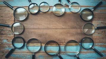 Magnifying Glasses Arranged in Circular Shape on Rustic Wooden Table with Blue Paint Details photo