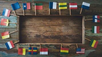 Mini International Flags Arranged on Rustic Wooden Background Representing Global Unity and Diversity photo