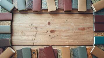 Flat Lay of Colorful Hardcover Notebooks with Patterned Covers on Rustic Wooden Table Background photo
