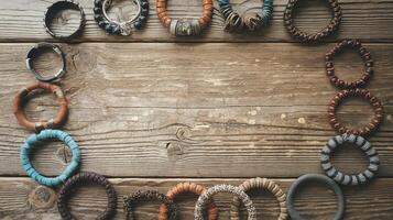 Assorted Handmade Bracelets On Rustic Wooden Background Displaying Natural Boho Jewelry Style photo
