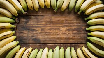 Fresh Organic Yellow and Green Bananas Displayed in Circular Frame on Rustic Wooden Table photo