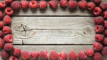 Fresh Red Raspberries Arranged in Circular Frame on Rustic Wooden Surface with Cracks and Patterns photo