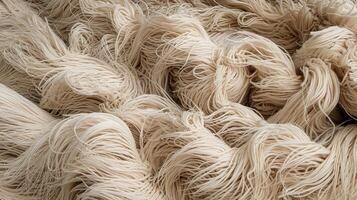 Closeup View of Tangled Cream Colored Yarn Fibers Representing Crafting and Textile Design Background photo