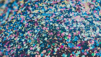 Bright Multicolored Glitter Particles on a Dark Surface Creating a Festive and Sparkly Texture photo