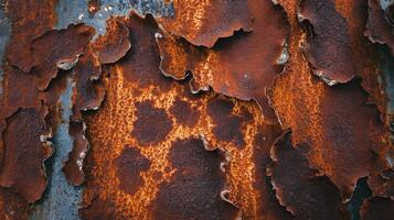 Closeup of Rusty Metal Surface with Peeling Layers and Corrosion Patterns in Red and Orange Hues photo