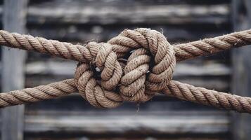 Closeup of rustic knotted rope with weathered wooden background symbolizing strength and connection photo