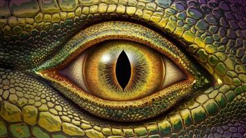 Close Up of Lizard Eye with Vibrant Green and Yellow Scaly Skin Representing Reptile Wildlife photo