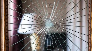 Closeup of Shattered Mirror with Spiderweb Cracks Reflecting Indoor Scene and Soft Lighting photo