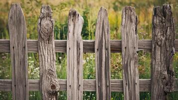 Old Rustic Wooden Fence with Weathered Planks in Overgrown Meadow Grassy Field Background photo