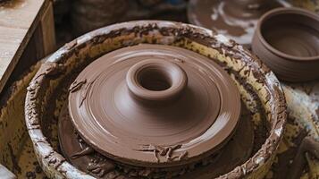 Closeup of Spinning Pottery Wheel with Wet Clay in Artisan Workshop Representing Creative Craftsmanship photo