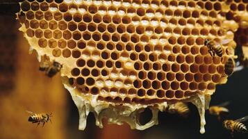 Closeup of Honeycomb with Hexagonal Pattern and Bees Producing Honey in Natural Outdoor Setting photo