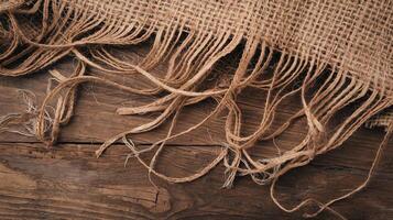 Closeup of Rustic Woven Burlap Fabric with Frayed Edges on Weathered Wooden Surface Background photo
