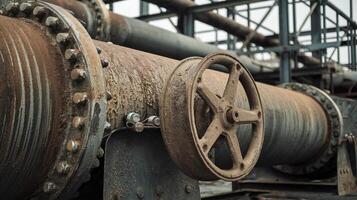 Rusty Industrial Pipes with Metal Valve in Weathered Factory Setting Highlighting Decay and Aging Machinery photo