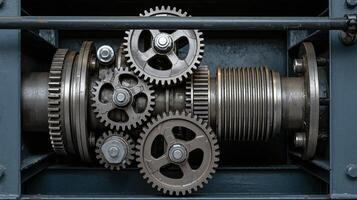 Closeup of Interlocking Industrial Metal Gears in Machinery with Steel Components and Dark Background photo