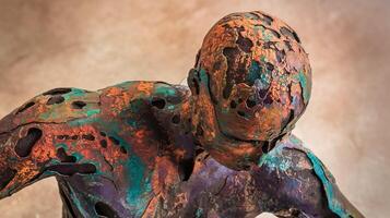 Rusty Metal Sculpture of Human Figure with Oxidized Textures in Abstract Artistic Design on Neutral Background photo