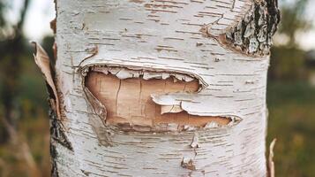 Closeup of white birch tree trunk with peeling bark in natural forest environment photo