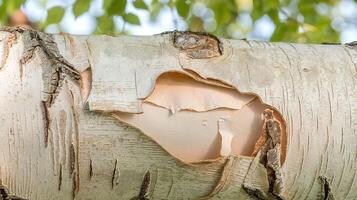 Closeup of birch tree bark peeling with bright green leaves and natural forest background photo