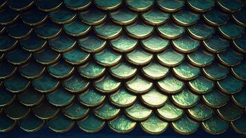 Shiny Green And Gold Patterned Dragon Scale Texture With Metallic Glossy Finish Background photo