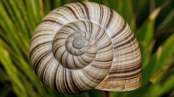 Close Up of Brown Spiral Snail Shell with Detailed Stripes on Lush Green Leaf Background Nature photo