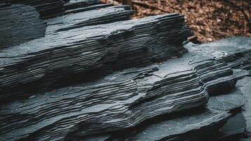 Stacked Layers of Dark Slate Rocks in a Natural Outdoor Setting with Brown Forest Floor Background photo