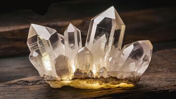Raw Clear Quartz Crystal Cluster on Rustic Wooden Surface with Warm Light Glow for Natural Energy Concept photo