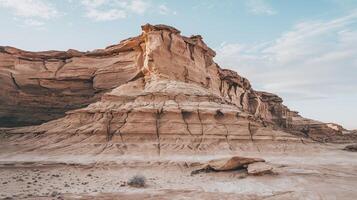 Majestic Sandstone Rock Formation with Layered Striations in Arid Desert Landscape Under Blue Sky photo