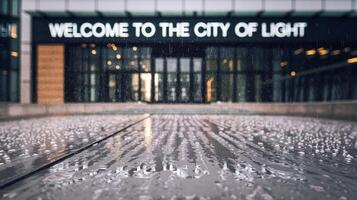 Modern Building Entrance in Rainy Weather with Welcome to City of Light Sign and Wet Pavement Reflection photo