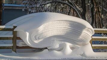 Thick Layered Snow Over Wooden Fence in Winter Scene with Trees and Shadows Outdoors photo