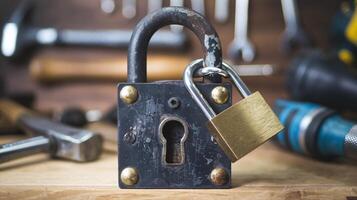 Rustic Black Padlock with Brass Lock on Wooden Table in Workshop with Tools in Background photo