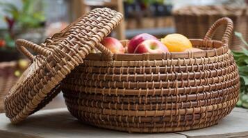 Rustic Handwoven Basket Filled with Fresh Apples and Orange on Wooden Table in Natural Light Setting photo