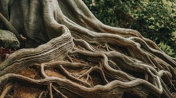 Twisted Tree Roots in Dense Forest Showing Natural Growth Strength and Connection to Nature photo