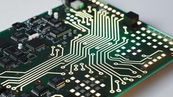 Closeup of Green Circuit Board with Glowing Gold Pathways and Components in a Bright Setting photo