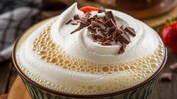Warm Creamy Cappuccino with Whipped Foam and Chocolate Shavings in Rustic Cafe Setting photo