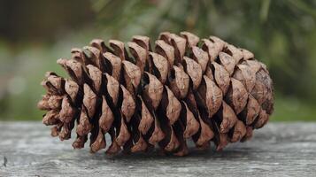 Closeup of a Rustic Brown Pine Cone on Weathered Wooden Surface with Green Blurred Background Outdoors photo