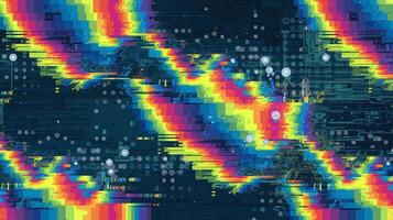 Abstract with Bright Pixelated Rainbow Glitch Overlay on Dark Futuristic Circuit Background photo